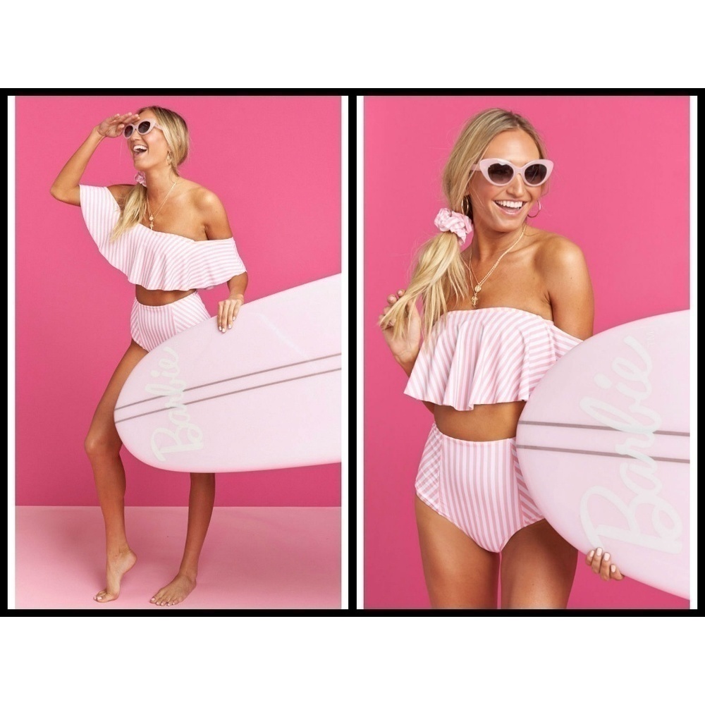 💕SHOW ME YOUR MUMU💕 Barbie Ruffle Bikini TOP Skipper Stripe Pink & White S NWT